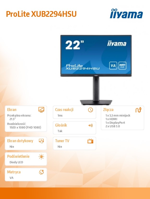 Monitor 21.5 cala XUB2294HSU-B2 VA,FHD,HDMI,DP,USB3.0,VESA,2x2W 