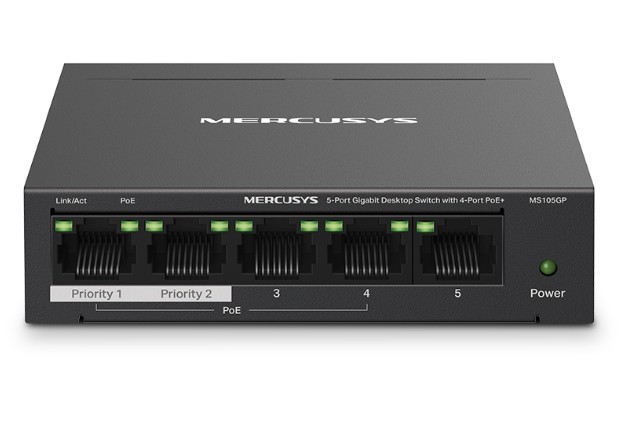 Przełącznik Mercusys MS105GP 5-Port Gigabit Desktop Switch with 4-Port PoE+          PORT: 4× Gigabit PoE+ Ports, 1× Gigabit Non-PoE Port