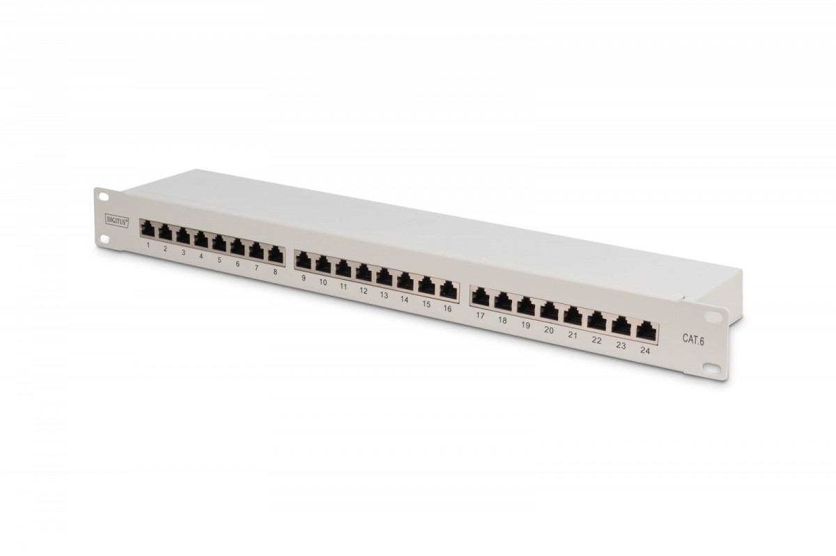 Patch panel 19" 24 porty, kat.6, S/FTP, 1U, wspornik kablowy, szary (kompletny) 