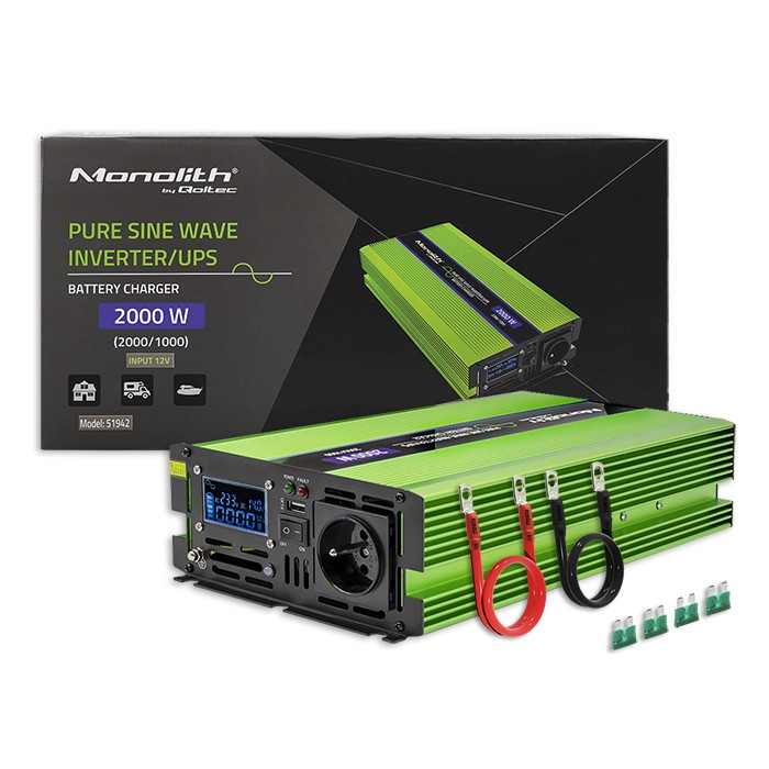 Przetwornica napięcia Monolith | ładowanie baterii | UPS | 1000W | 2000W | 12V na 230V | Czysty Sinus | LCD 
