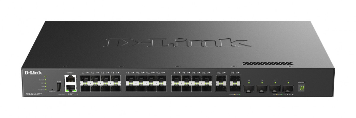 Przełącznik zarządzalny DXS-3410-32XY/E 10G warstwa 3 stakowalny 24*10GBASE-T + 4*10G SFP+ + 4*25G SFP28 Multi-Gigabit 