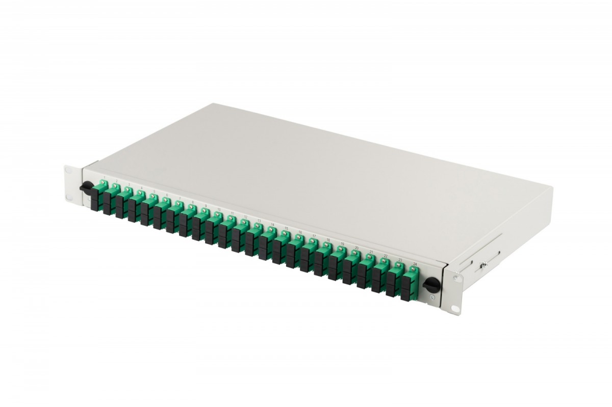 Przełącznica światłowodowa/panel krosowy z wyposażeniem 19 cali 1U, 24x SC APC duplex, OS2, pigtaile, adaptery, tacki, Szary 