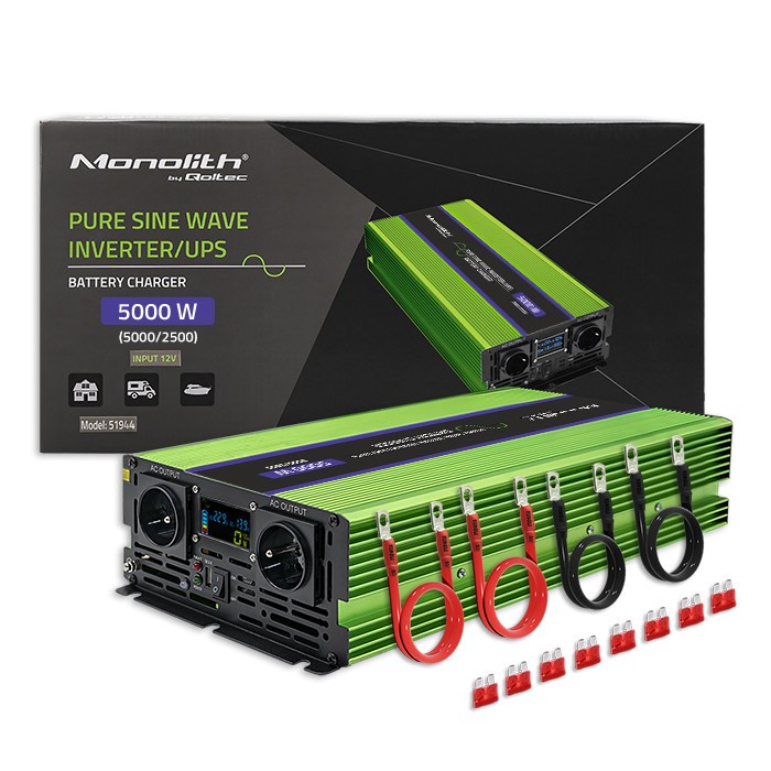 Przetwornica napięcia Monolith | ładowanie baterii | UPS | 2500W | 5000W | 12V na 230V | Czysty Sinus | LCD 