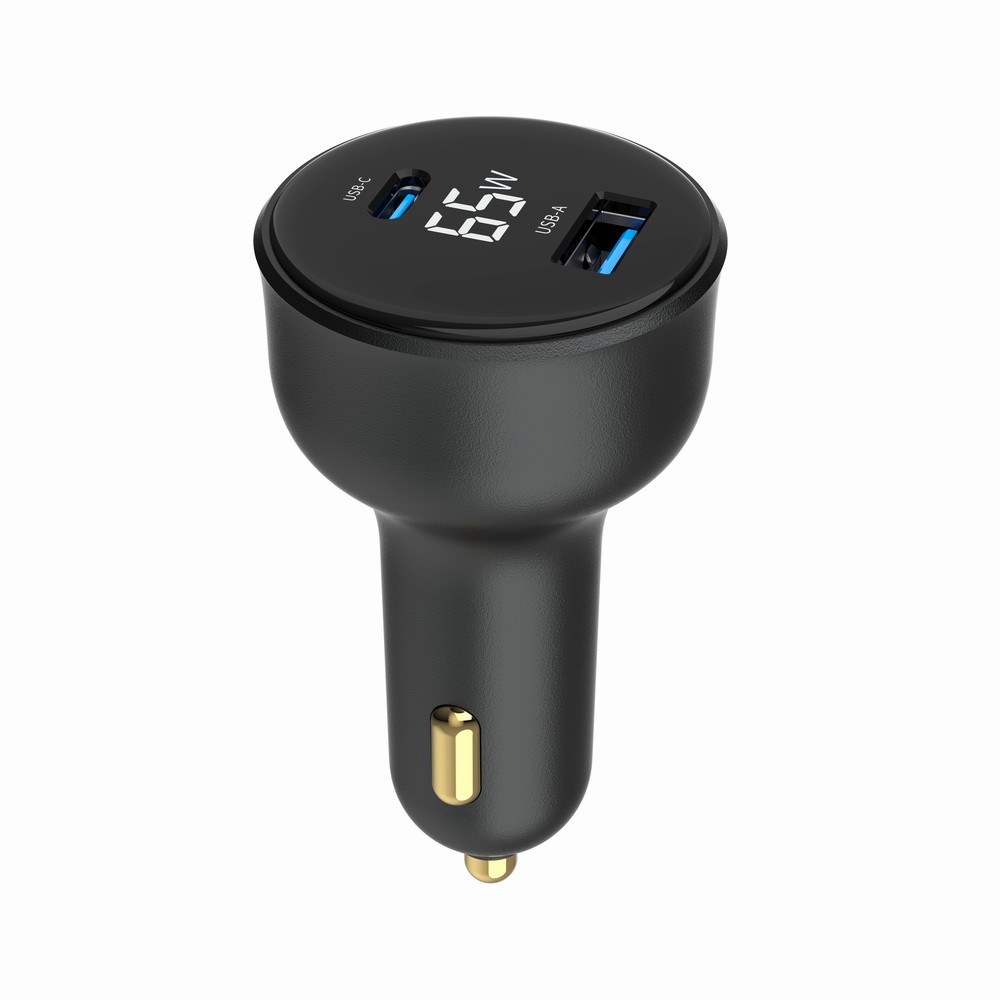 Szybka ładowarka samochodowa 2xUSB-A+C, Type-C (PD), LCD, 65W, czarna