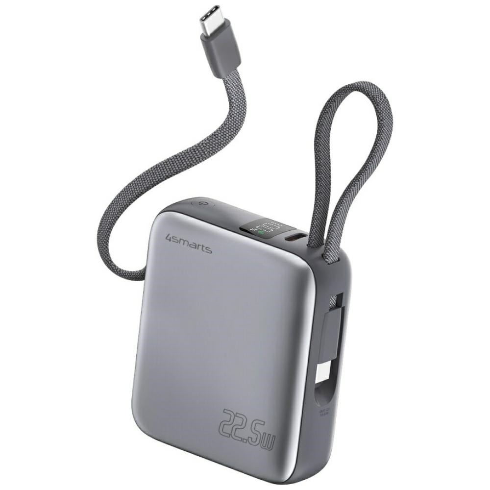 Powerbank Pocket Dual Cord 10000mAh 22,5W z wbudowanym kablem USB-C 15cm Szary 