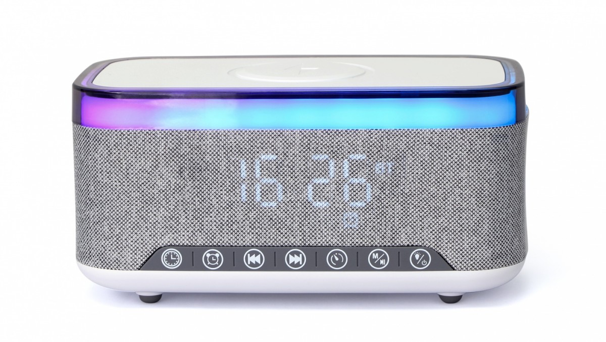 Budzik cyfrowy z funkcją bezprzewodowego ładowania, radio DAB/FM RGB biało-szary