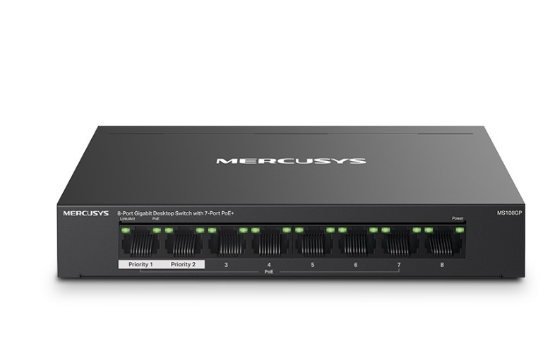 Przełącznik Mercusys 8-Port Gigabit Desktop Switch with 7× Gigabit PoE+ Ports, 1× Gigabit Non-PoE Ports MS108GP              