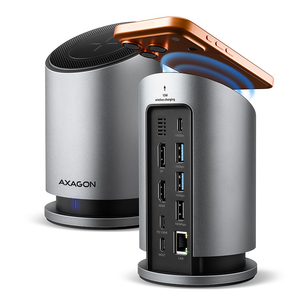HMC-WL9 Wieloportowy hub USB 9in1, 10Gbps, 3xUSB-A, 1xUSB-C, DP 8K/60Hz, HDMI 4K/60Hz, PD 100W, GLAN, 100cm USB-C kabel, wireless charging 15W