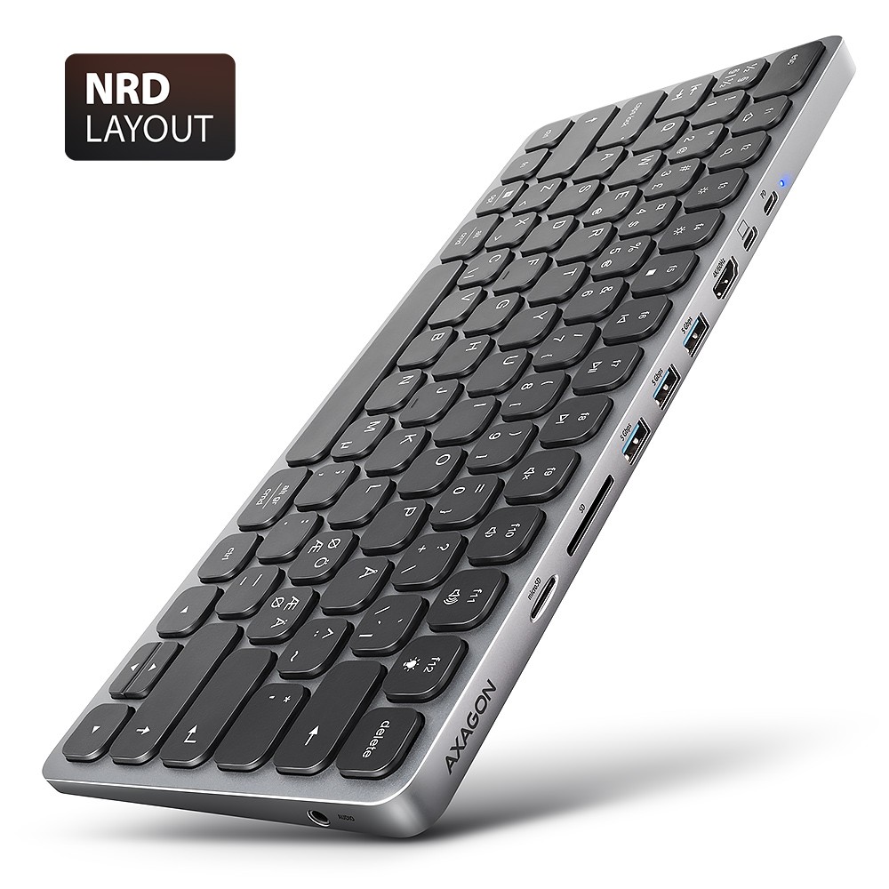 Klawiatura HMC-KB-NRD USB-C 5Gbps z wieloportowy hub 9in1, SD/microSD, 3x USB-A, HDMI 4K/60Hz, PD 100W, Audio, Nordic layout, 60cm USB-C kabel