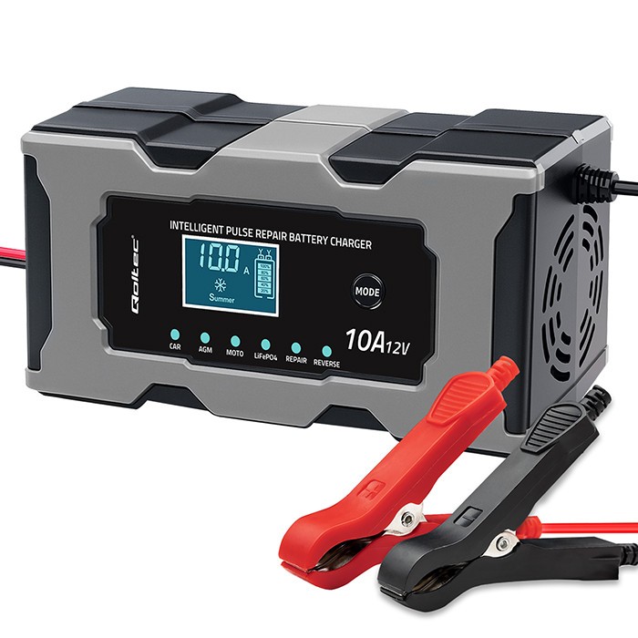 Mikroprocesorowa ładowarka 12V 10A | Prostownik z funkcją naprawy do akumulatora AGM GEL LiFePO4 | LCD 