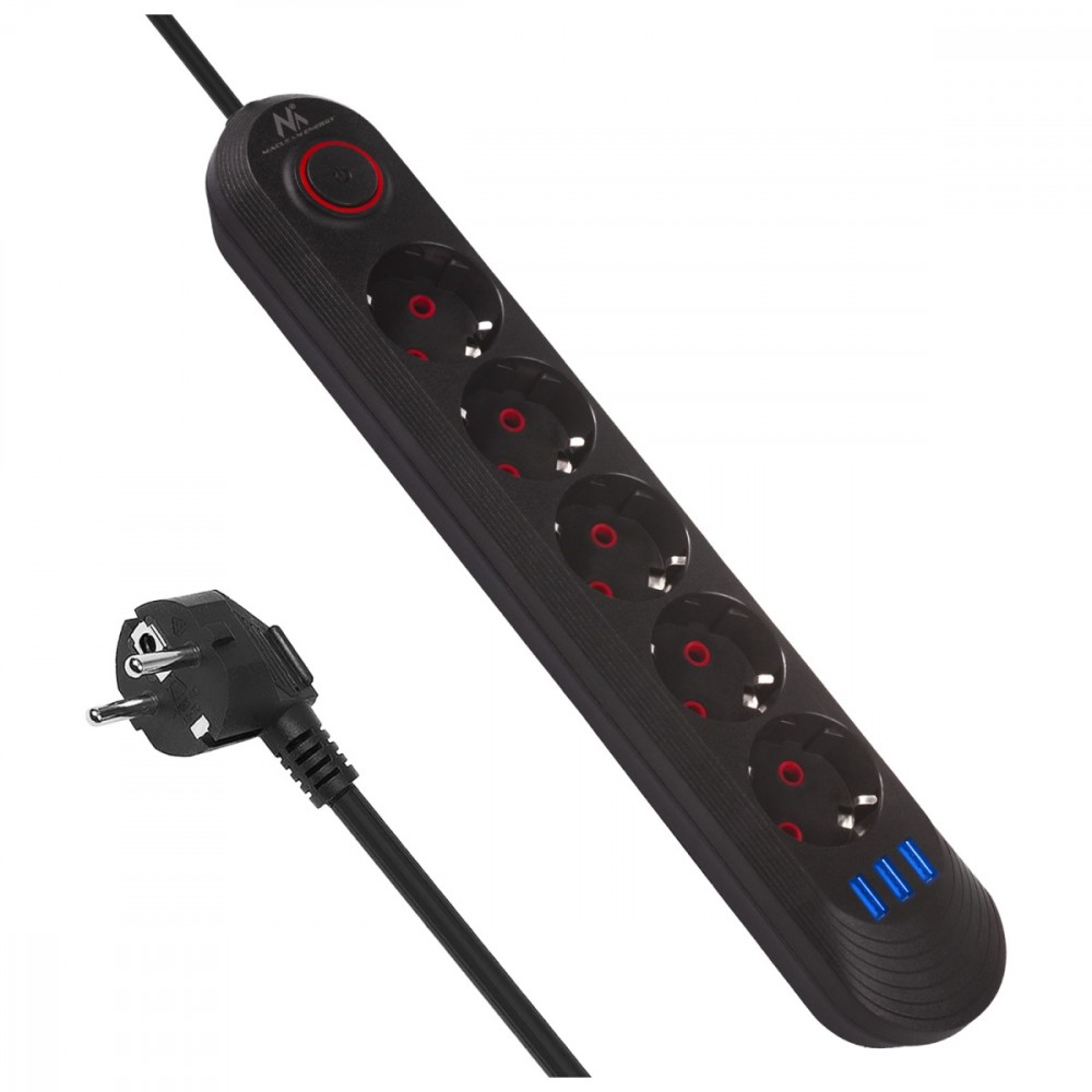 Listwa zasilająca MCE395 B 5 gniazd 3xUSB, 110-240V AC 50/60Hz, 2.1A max 2500W, czarna