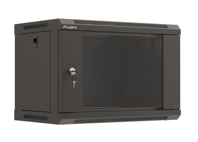 Szafa instalacyjna rack wisząca 19" 6U 540x350 czarna drzwi  przeszklone ( flat pack) 