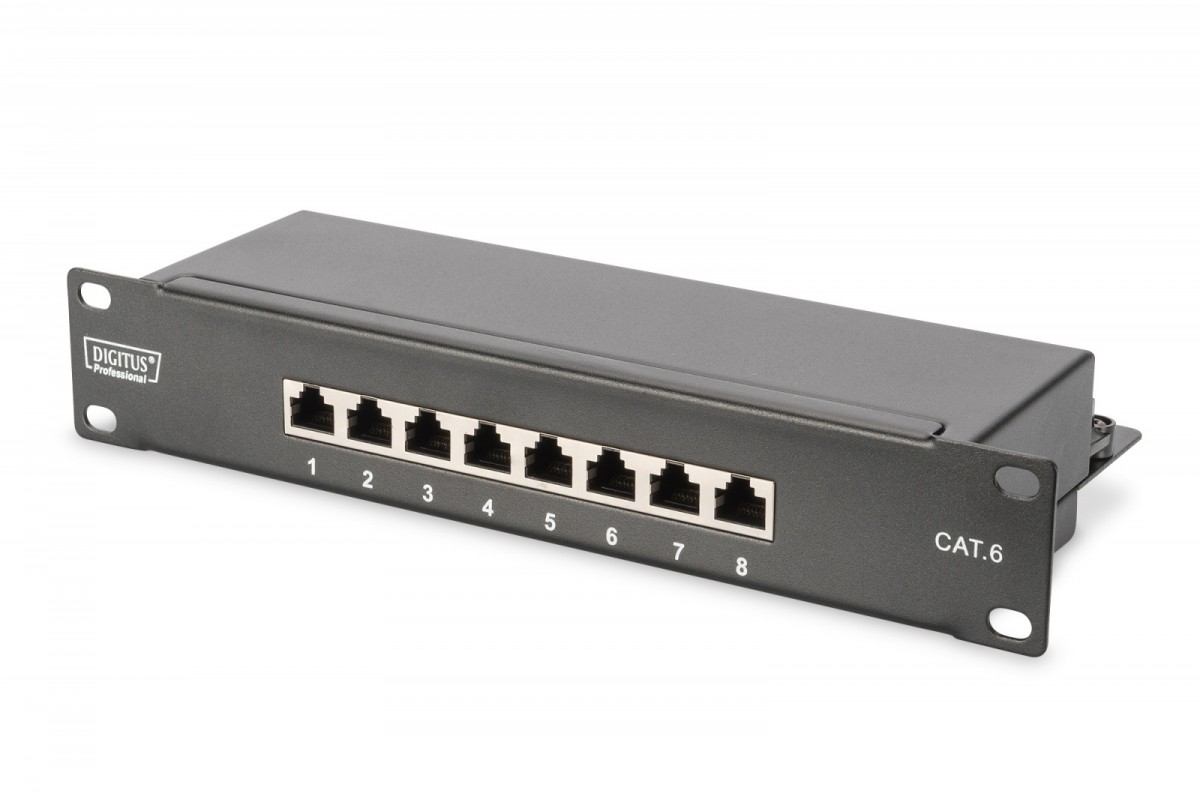 Patch panel 10 cali 8-portów RJ-45 Kat.6 ekranowany 1U kompletny LSA, wspornik kablowy, Czarny
