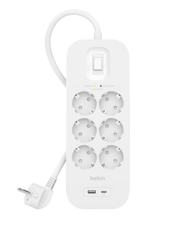 Listwa przeciwprzepięciowa SurgePlus 6x Schuko 1xUSB-A 1xUSB-C 650J 2m 
