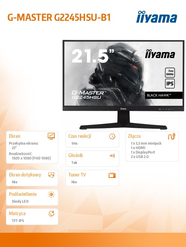 Monitor 22 cale G2245HSU-B1 IPS,FHD,100Hz,1ms,2xUSB,HDMI,DP,2x2W,  FreeSync