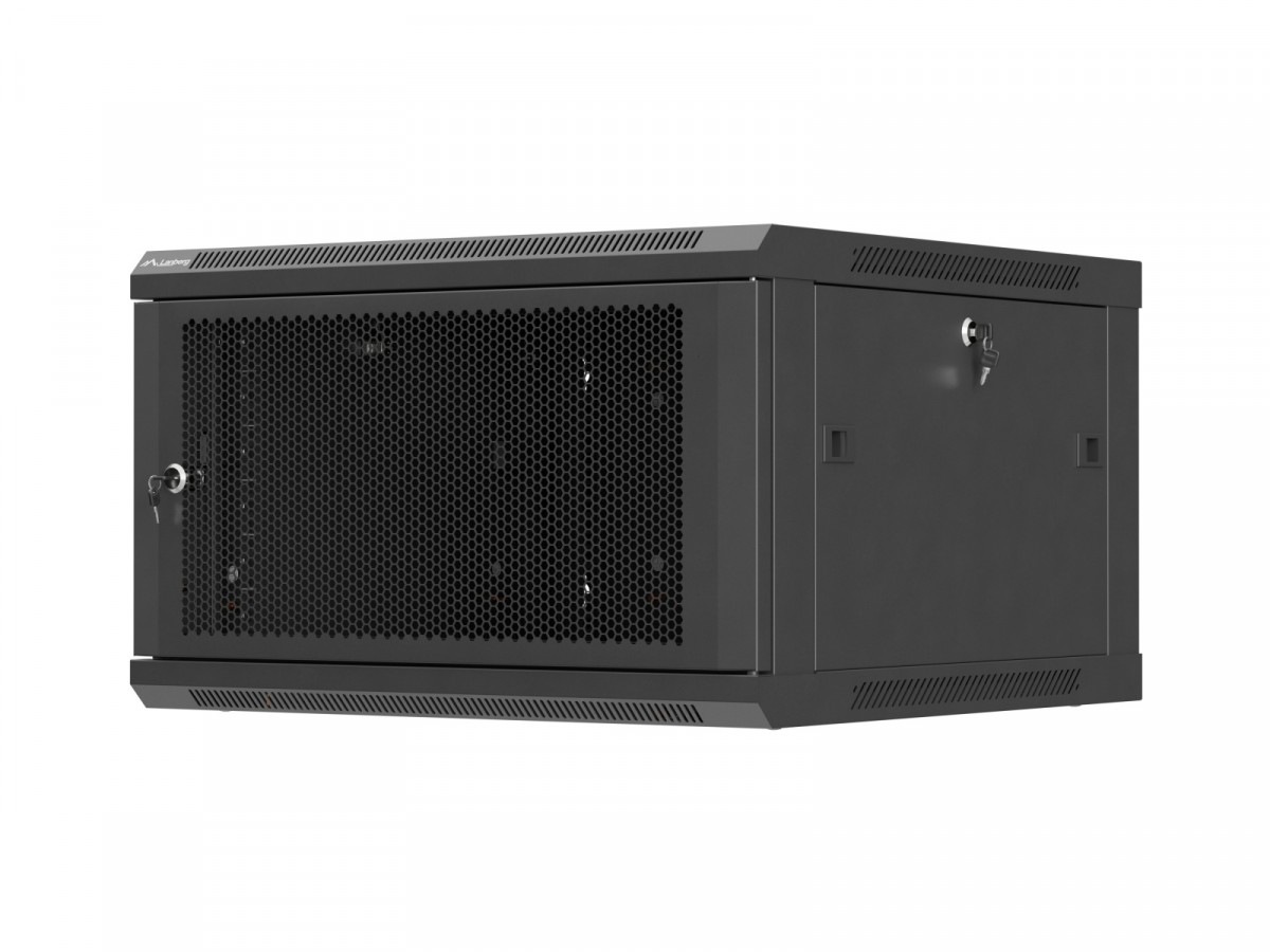 Szafa instalacyjna rack wisząca 19 cali 6U 600x600 czarna drzwi perforowane (flat pack) 