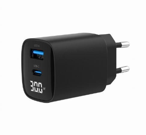 Ładowarka GaN 1xUSB-A 1xUSB-C LCD 30W PD QC3.0 czarna 