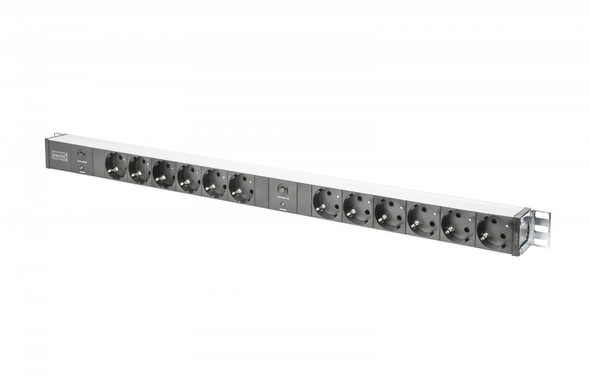 Listwa zasilająca PDU 19" RACK, 12x gniazdo Schuko, 2x 2m wtyk Unischuko, 16A, zabezpieczenie przeciążeniowe, profil aluminiowy