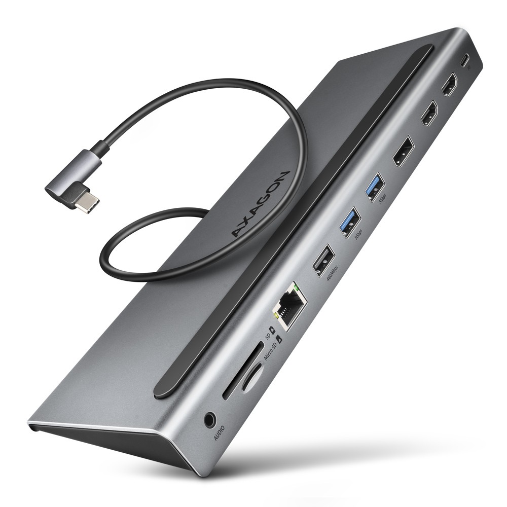 HMC-4KX3 Wieloportowy hub USB 11in1, 5Gbps, 3x USB-A, 2x HDMI 4K/60Hz+ DP 4K/60Hz+ GLAN + SD/microSD + audio, PD 100W, 40cm USB-C kabel