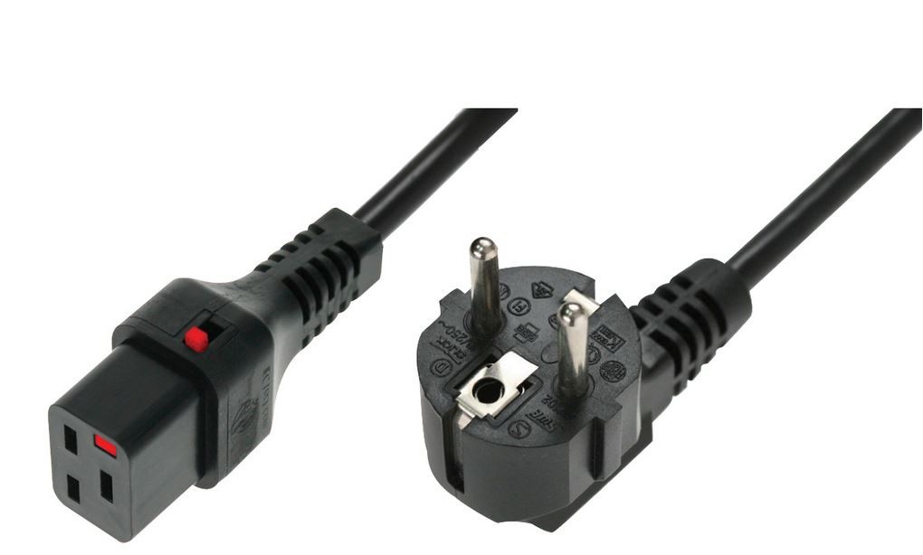 Kabel połączeniowy zasilający blokada IEC LOCK 3x1,5mm2 Schuko kątowy/C19 prosty M/Ż 2m Czarny