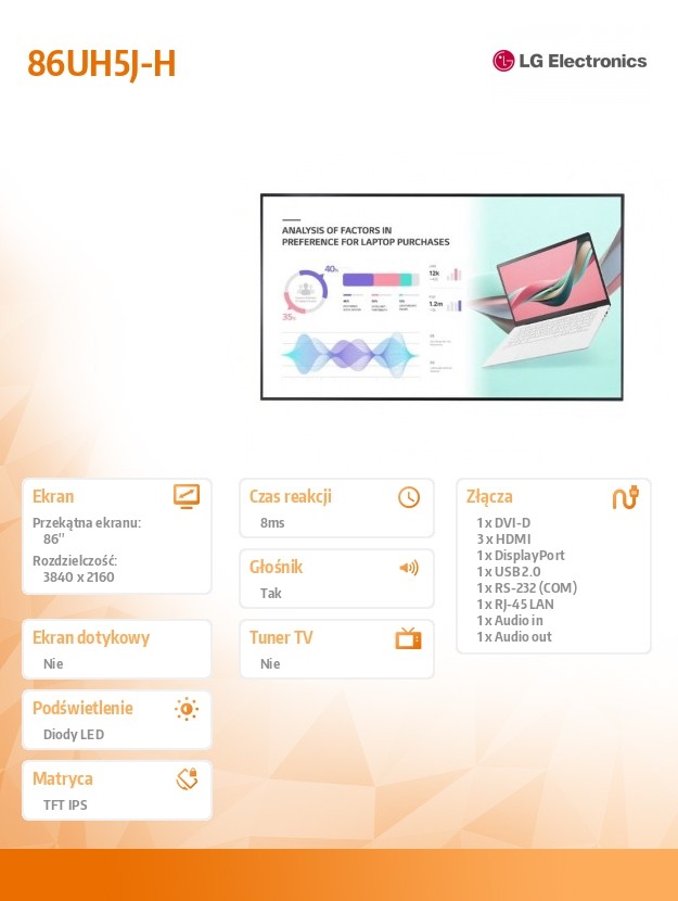 Monitor 86 cali 86UH5J-H UHD IPS 500cd/m2 24/7 