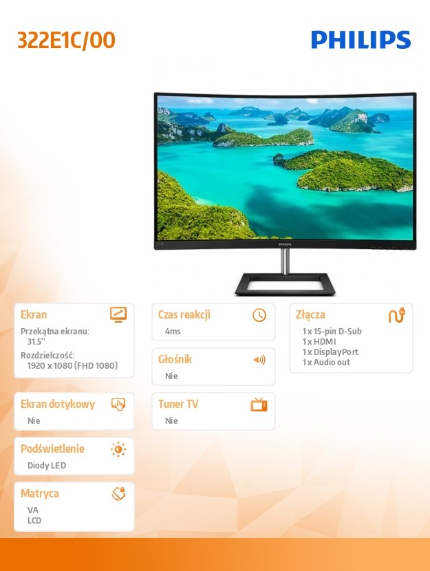 Monitor 322E1C 31.5 cala Curved VA HDMI DP