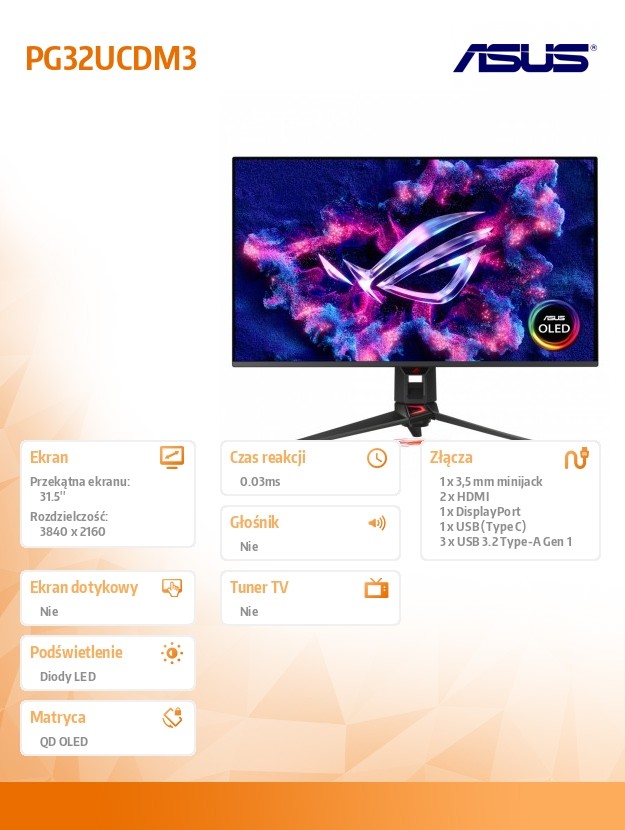 Monitor 31.5 cala PG32UCDM3 ROG QD-OLED 4K 240HZ HDMI