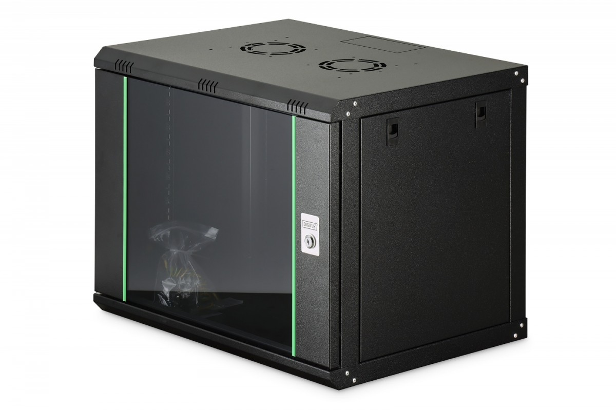 Szafa sieciowa wisząca Dynamic 19" 9U rack 474x600x450mm, drzwi szyba, czarna, niezłożona, 60kg