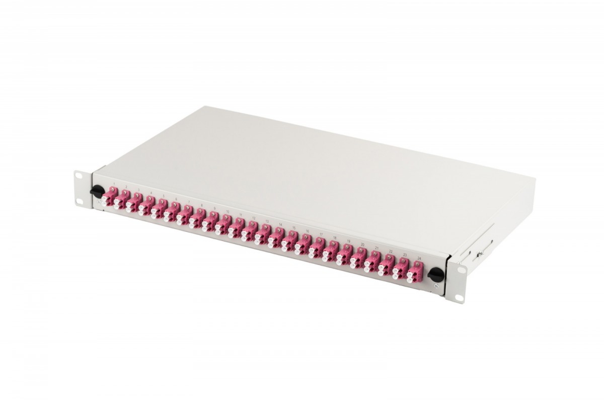 Przełącznica światłowodowa/panel krosowy z wyposażeniem 19 cali 1U, 24x LC duplex, OM4, wysuwany, Szara