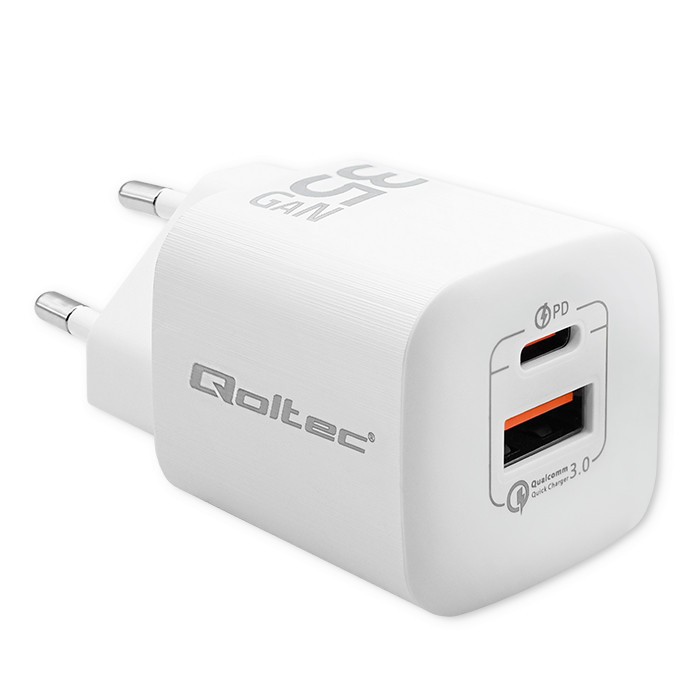 Ładowarka sieciowa 35W GaN ULTRA | 5-20V | 2.25-3A | 1 x USB typ C PD | 1 x USB | Biała 
