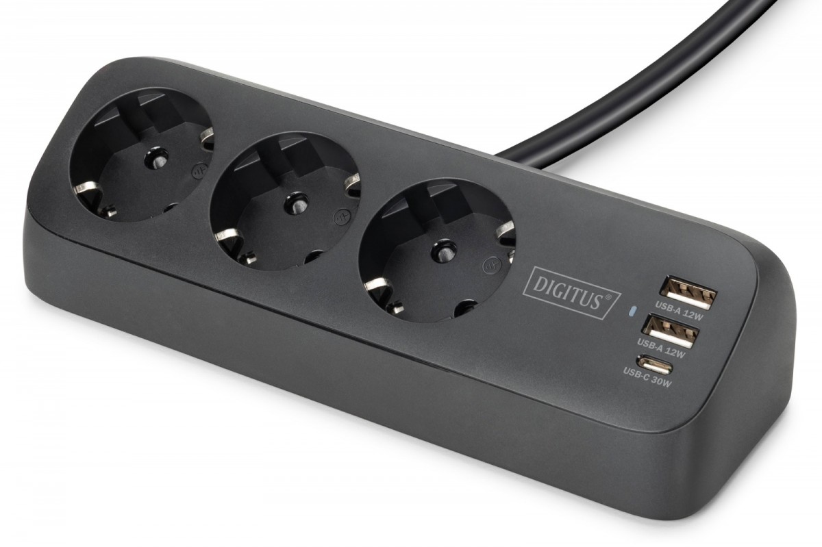 Listwa zasilająca biurkowa, 3 gniazda Schuko, 2x USB-A (2x 12W), 1x USB-C (30W) z zaciskiem na blat, kabel 1,5m, czarna