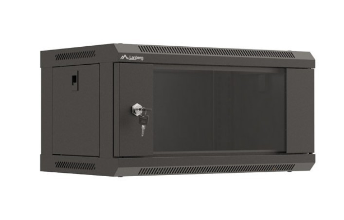 Szafa instalacyjna rack wisząca 19" 4U 540x350 czarna drzwi   przeszklone ( flat pack) 