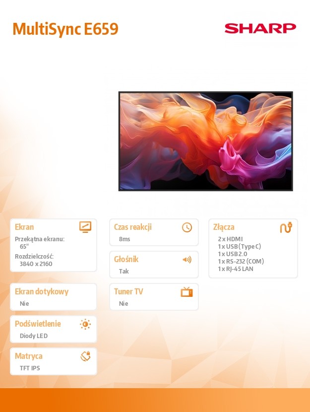 Monitor wielkoformatowy MultiSync E659 65 cali UHD 16/7 350cd/m2 