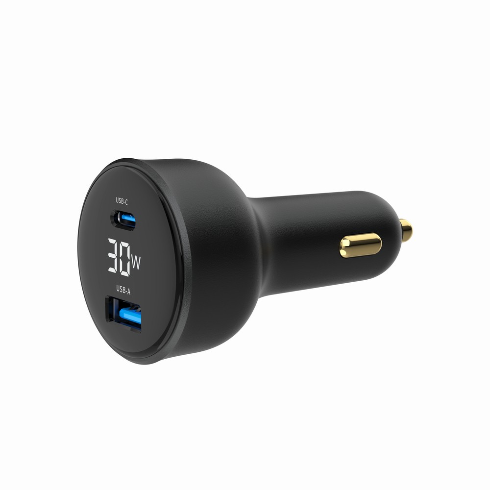 Szybka ładowarka samochodowa 2xUSB-A+C, Type-C (PD), LCD, 30W, czarna