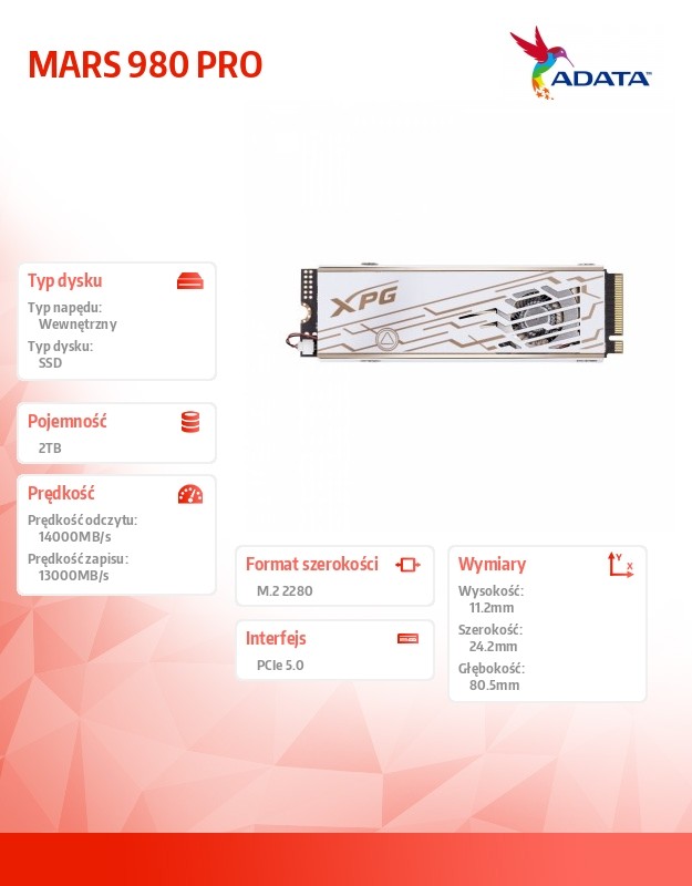 Dysk SSD XPG MARS 980 PRO 2TB PCIe 5x4 14/13 GB/s M2