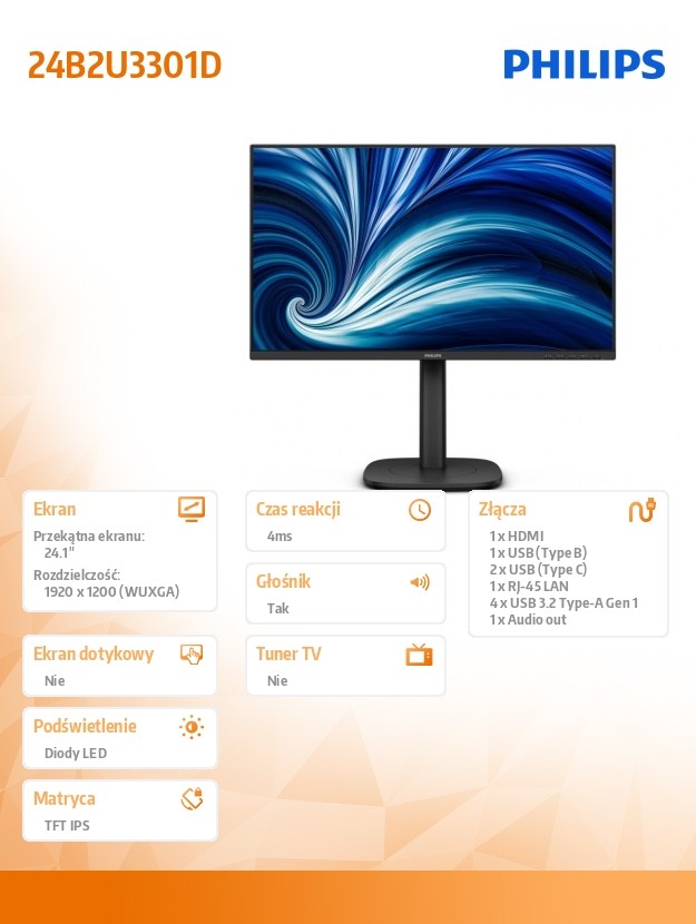 Monitor 24B2U3301D 24.1 cala IPS 100Hz HDMI DP USB-C RJ45 Pivot