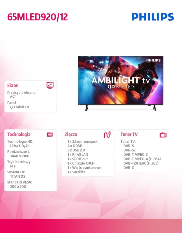 Telewizor QD MiniLED 65 cali 65MLED920/12