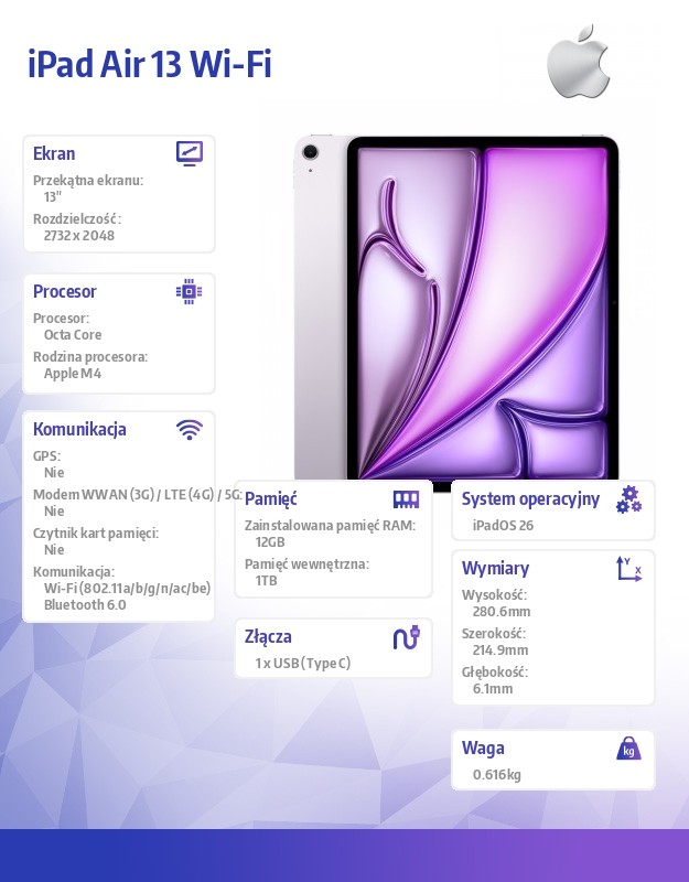iPad Air 13 cali Wi-Fi 1TB Fioletowy