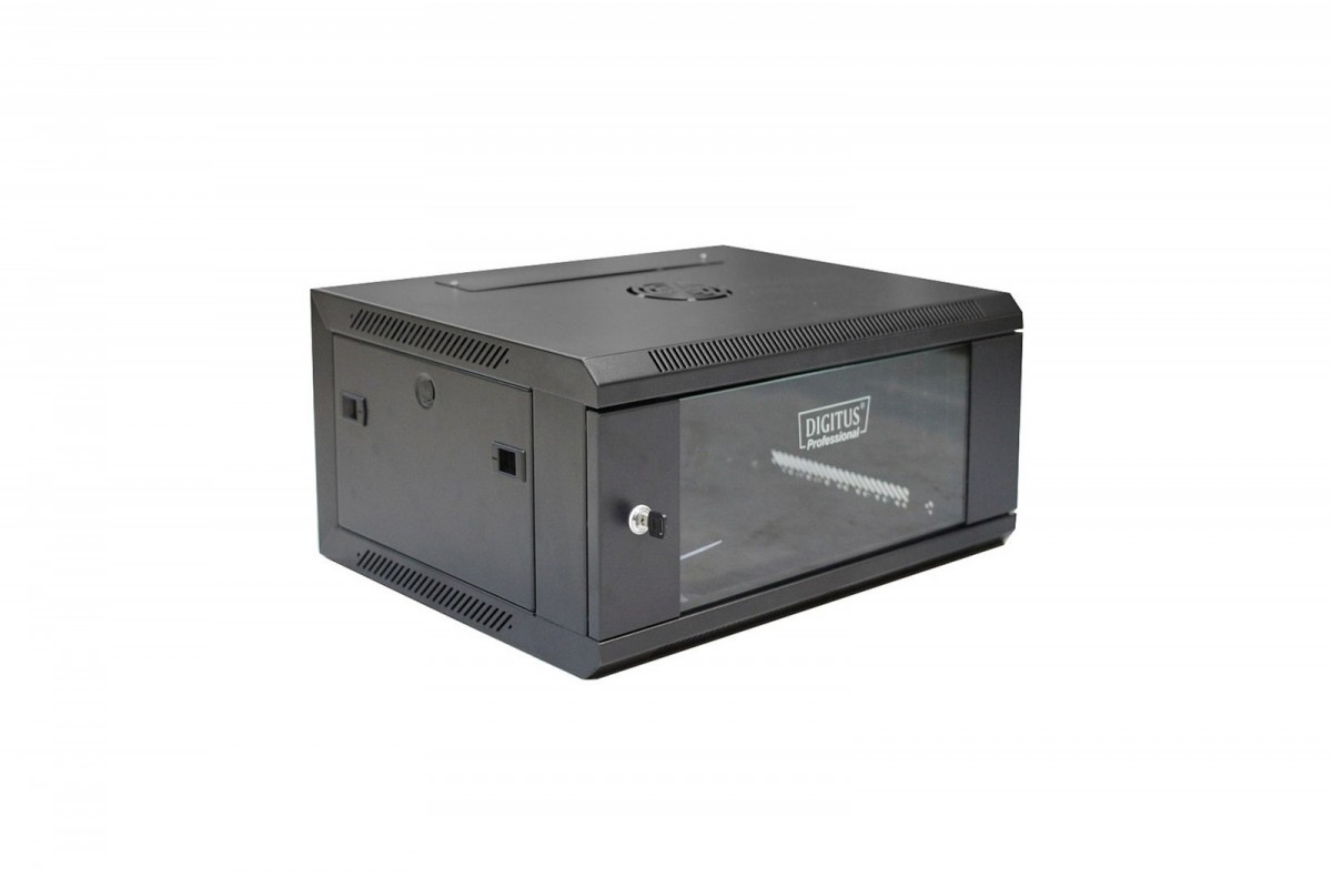 Szafa krosowa wisząca 19 cali 4U rack 600x450, drzwi szyba, niedzielona, złożona, nośność 60kg Czarna