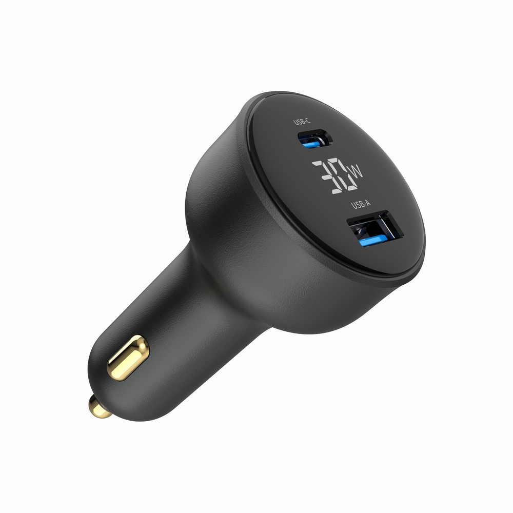 Szybka ładowarka samochodowa 2xUSB-A+C, Type-C (PD), LCD, 30W, czarna
