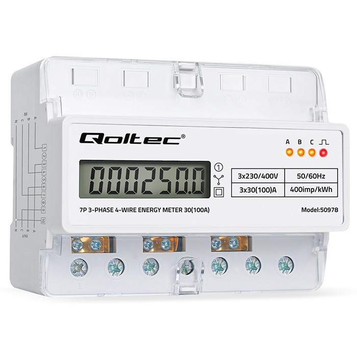 Trójfazowy elektroniczny licznik | miernik zużycia energii na szynę DIN | 400V | 100A | LCD | LED | 7P 