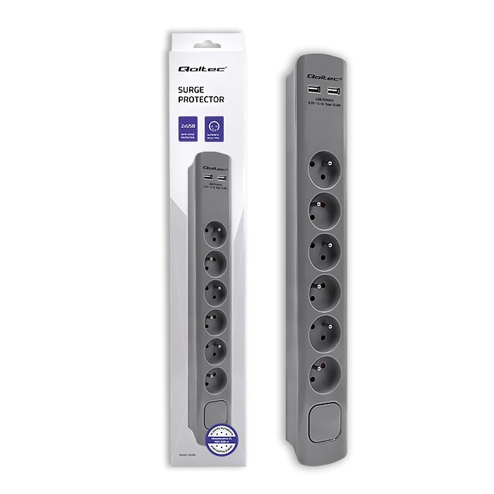 Listwa antyprzepięciowa | 6 gniazd | 2xUSB | 1.8m | Szara 
