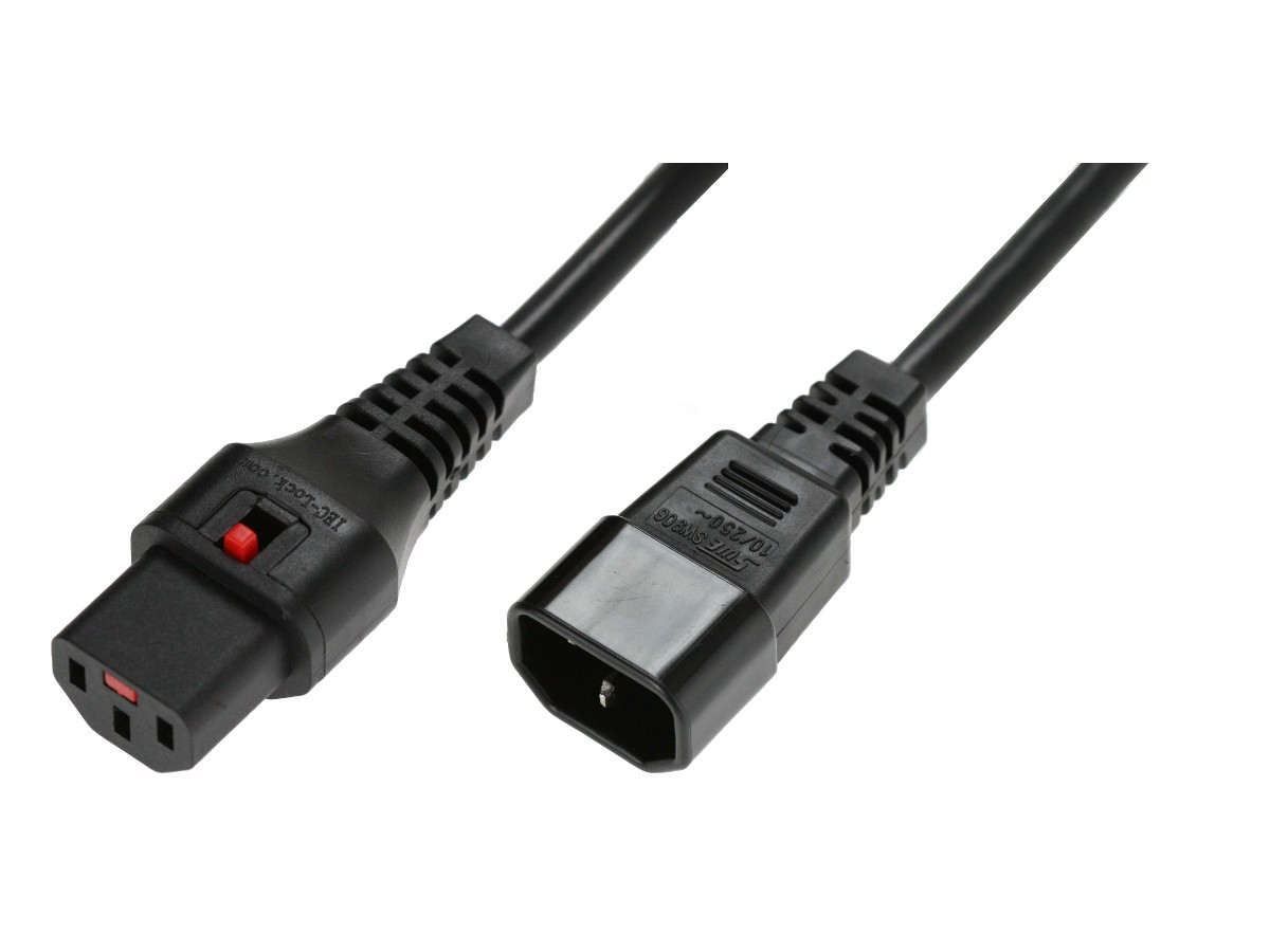 Kabel przedłużający zasilający blokada IEC LOCK 3x1mm2 C14/C13 prosty M/Ż 1m Czarny
