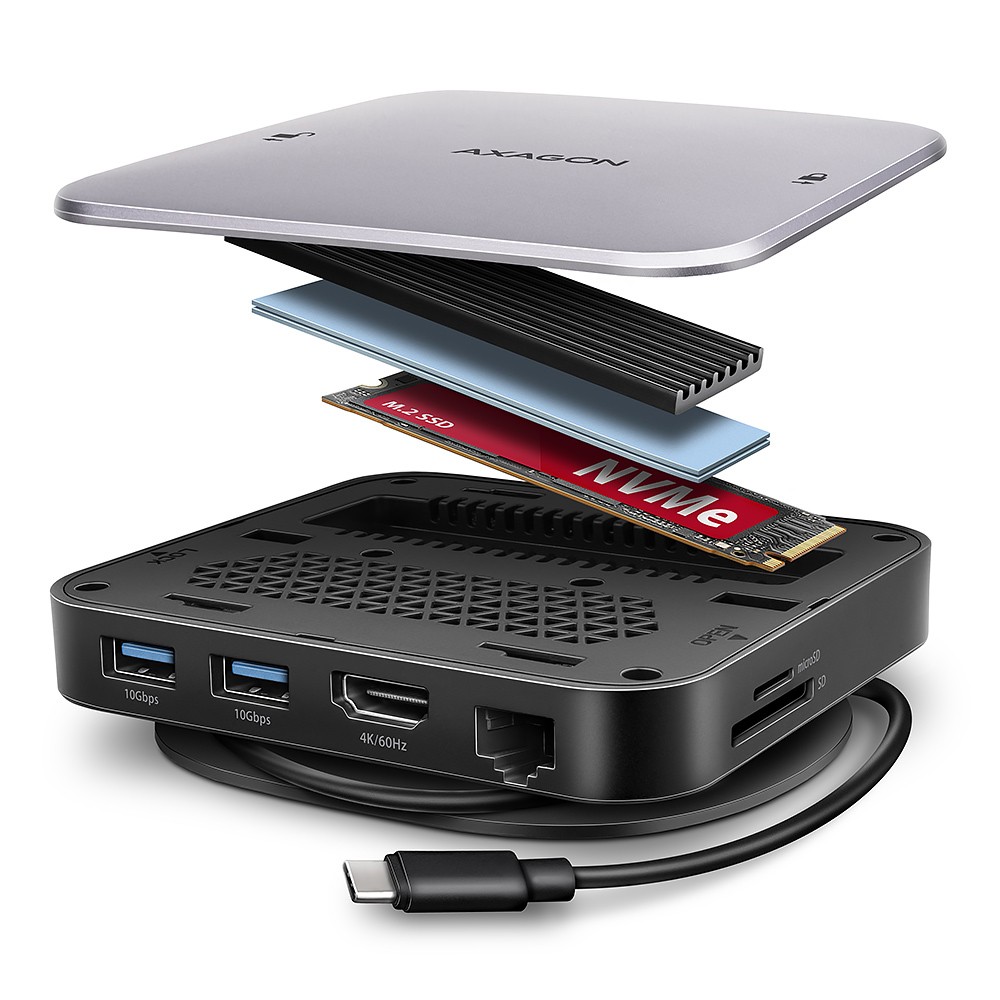 HMC-UFO Wieloportowy hub USB 9in1, 10Gbps, 2x USB-A, HDMI 4K/60Hz, M.2 NVMe/SATA, audio, PD 100W, SD/microSD, GLAN, 65cm USB-C kabel