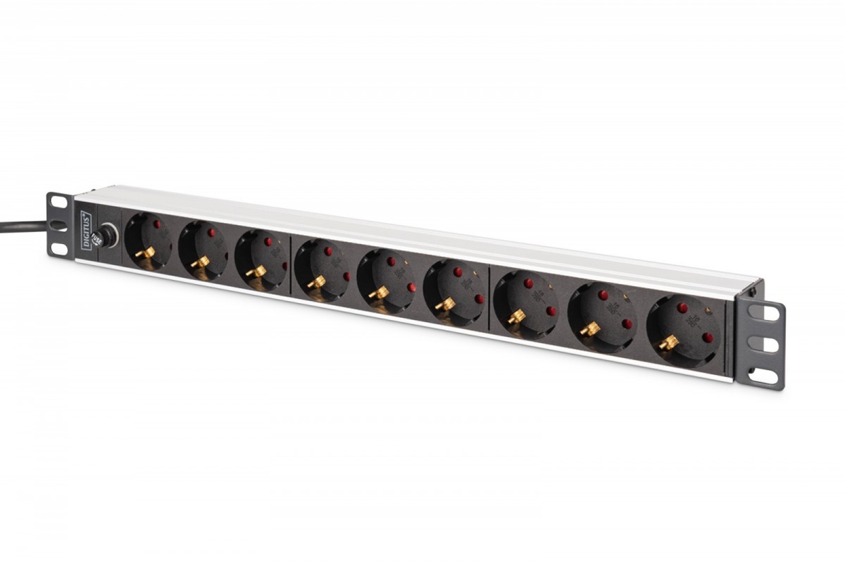 Listwa zasilająca PDU Rack 19" z bezpiecznikiem przeciążeniowym, 9 gniazd Schuko CEE 7/3 (45°), kabel 2m wtyk IEC C14, 10A, aluminiowa