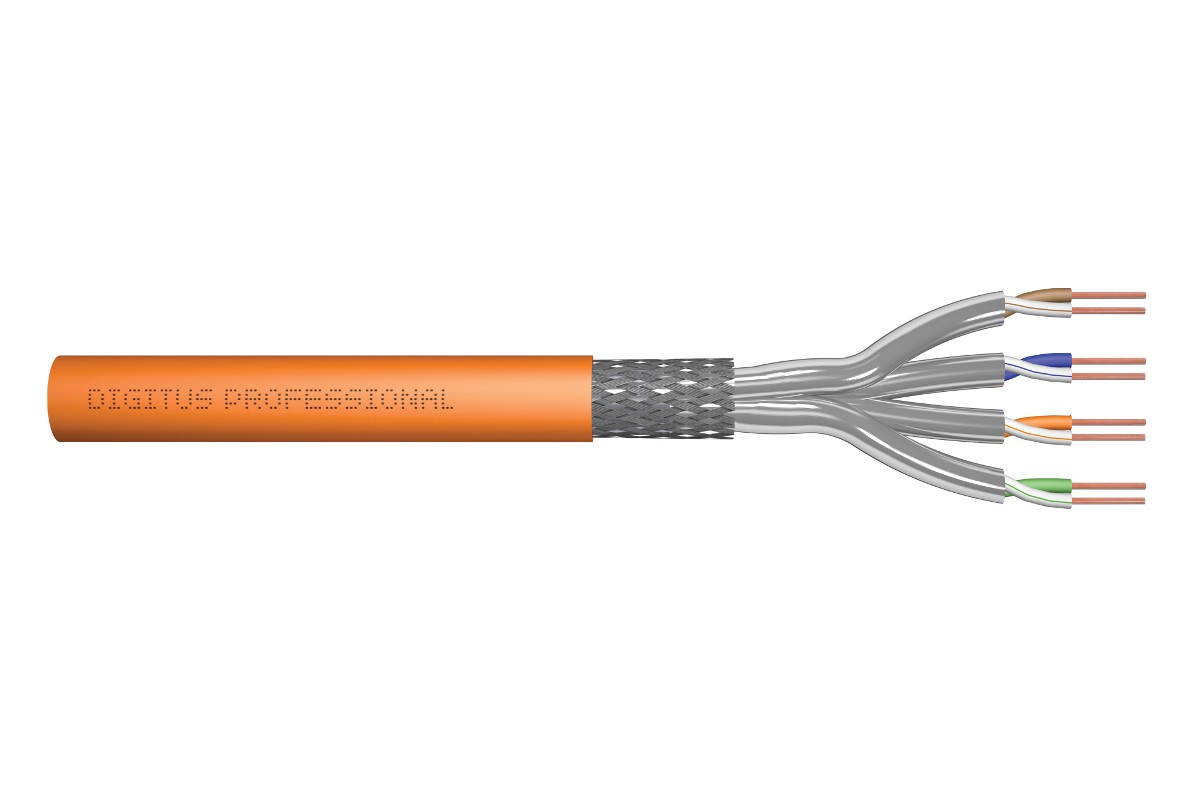 Kabel teleinformatyczny instalacyjny kat.7, S/FTP, Dca, drut, AWG 23/1, LSOH, 100m, pomarańczowy
