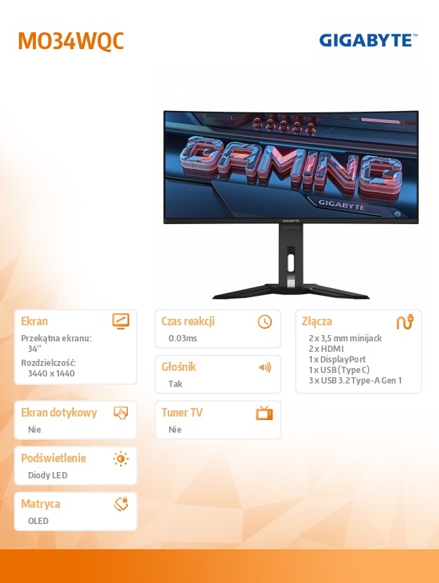 Monitor 34 cale MO34WQC OLED WQHD 2xHDMI DP USB-C 