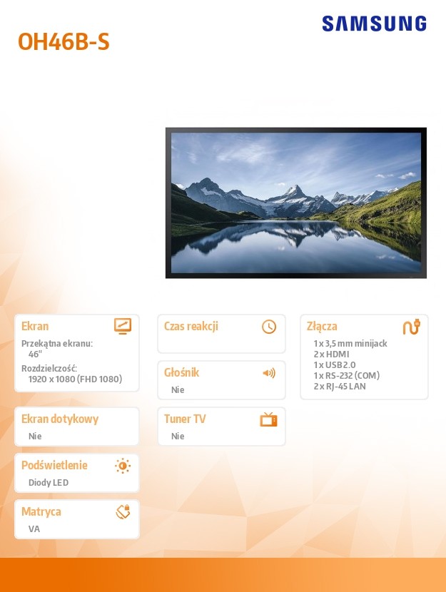 Monitor profesjonalny OH46B-S 46 cali Błyszczący 24h/7 3500(cd/m2) 3840x2160 (UHD) S7 Player (Tizen 6.5) 3 lata On-Site (LH46OHBESGBXEN)