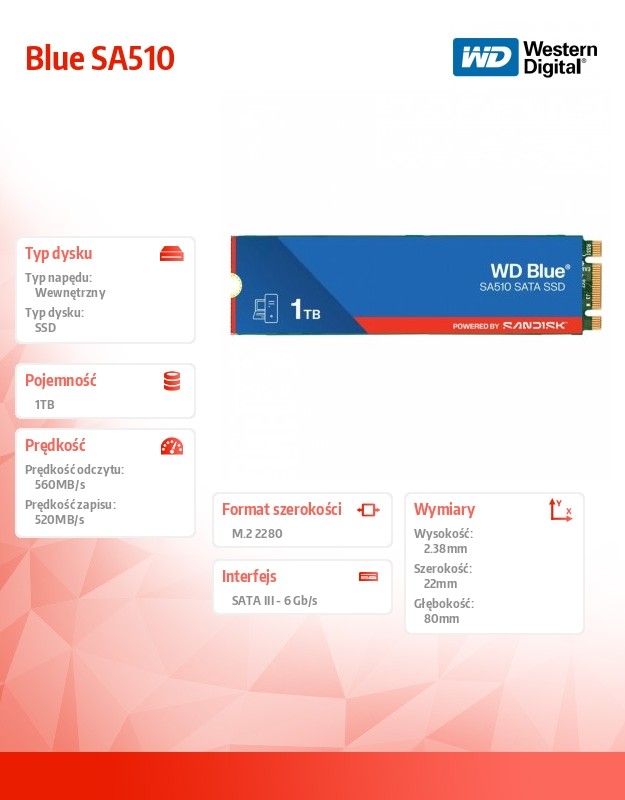 Dysk SSD Blue 1TB SA510 M.2 2280 WDS100T3B0B