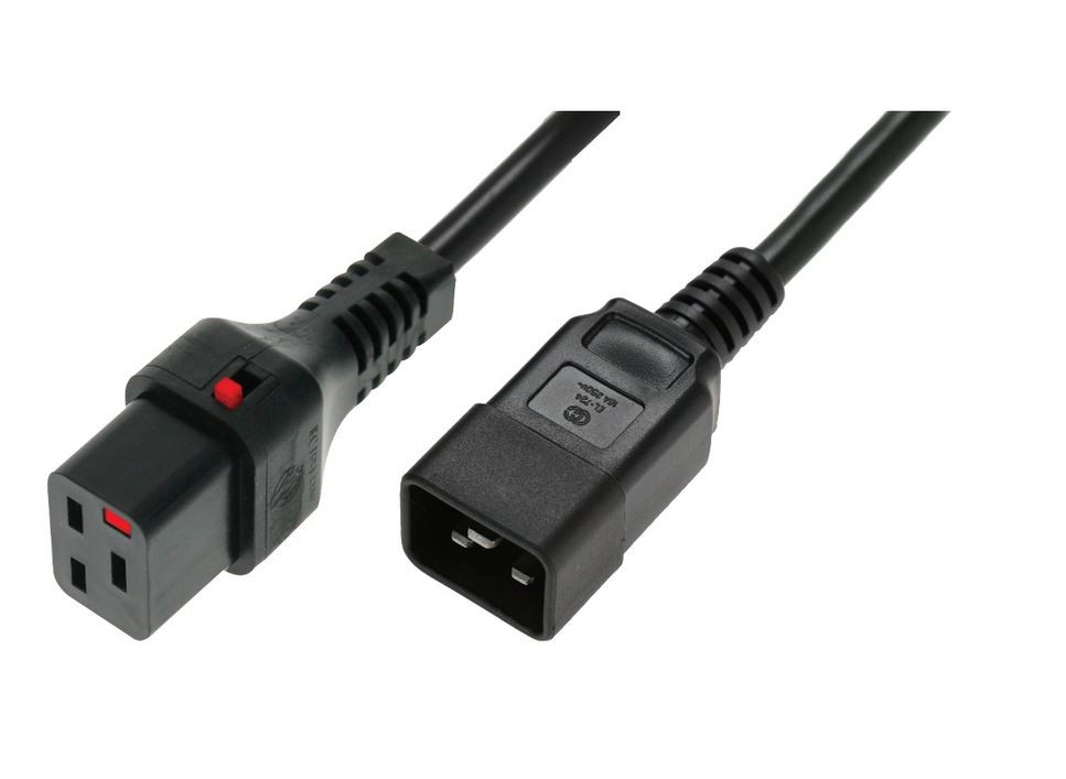 Kabel zasilający serwerowy blokada IEC LOCK 3x1,5mm2 C20 prosty/C19 prosty M/Ż 1m Czarny